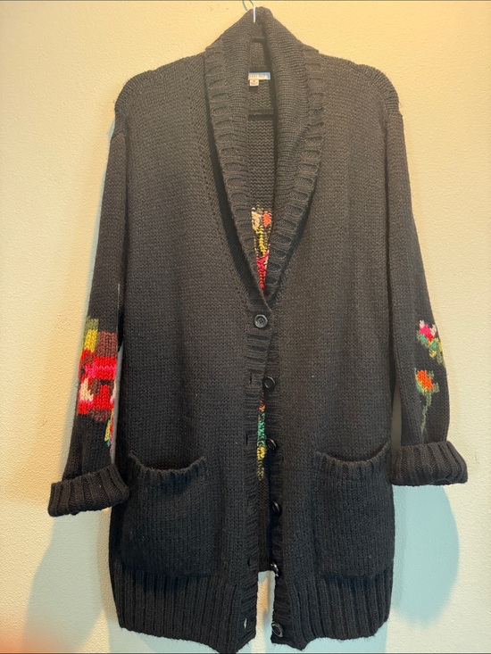 Johnny Was Sweaters - Johnny Was Black Shawl-Collar Cardigan with Multicolor Floral Sleeves